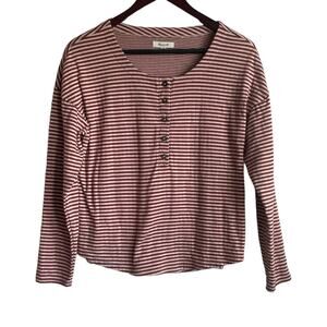 Madewell Women Top S Red Tan Striped 1/4 Button‎ Popover Soft Rustic Western